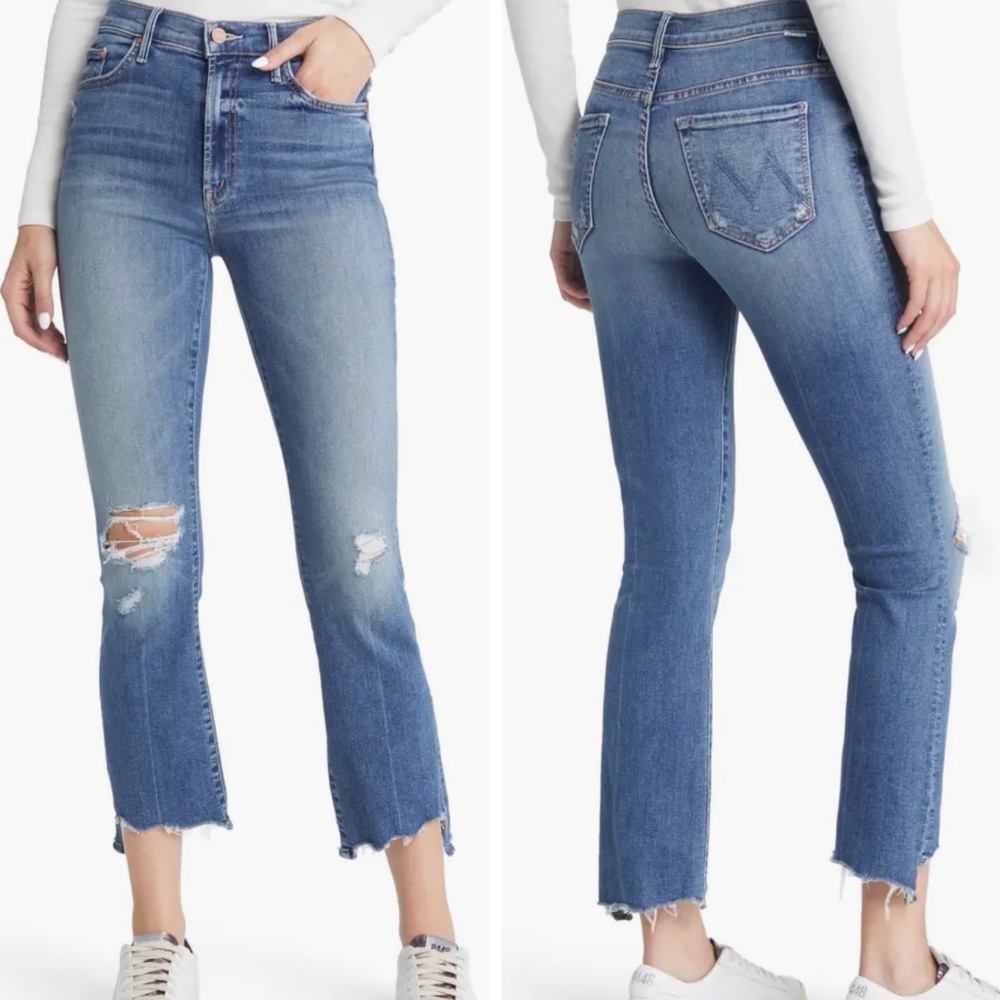 MOTHER Blue Distressed Cropped Jeans
